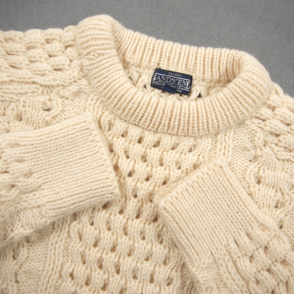 Vintage Lands' End Wool Heavy Cable Knit Ireland Women Sweater L Coastal Chunky